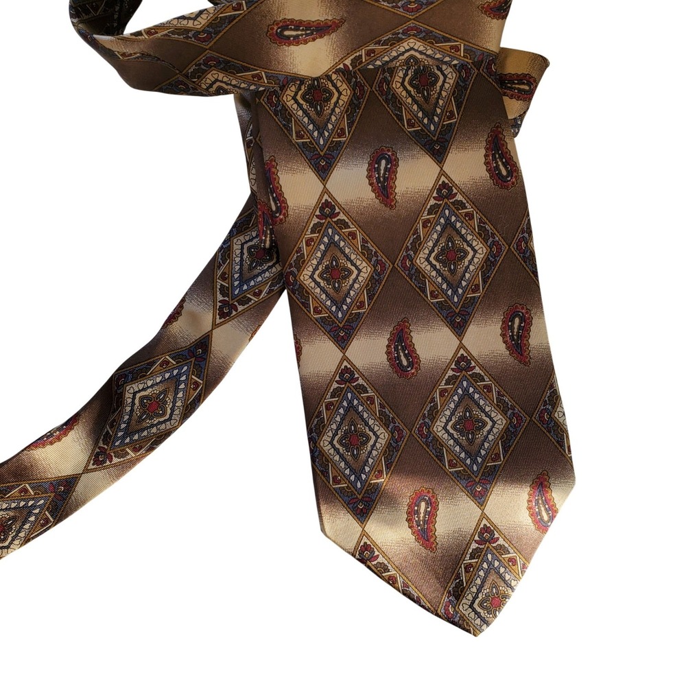 Boston Traders Mens Silk Tie Brown Tan Paisley Geometric Diamond Made in USA